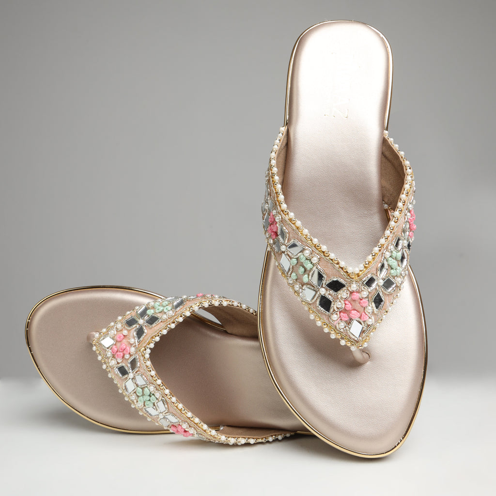 Riwaaz Pastel Bloom dull rose gold embroidered wedge platform sandals product shot