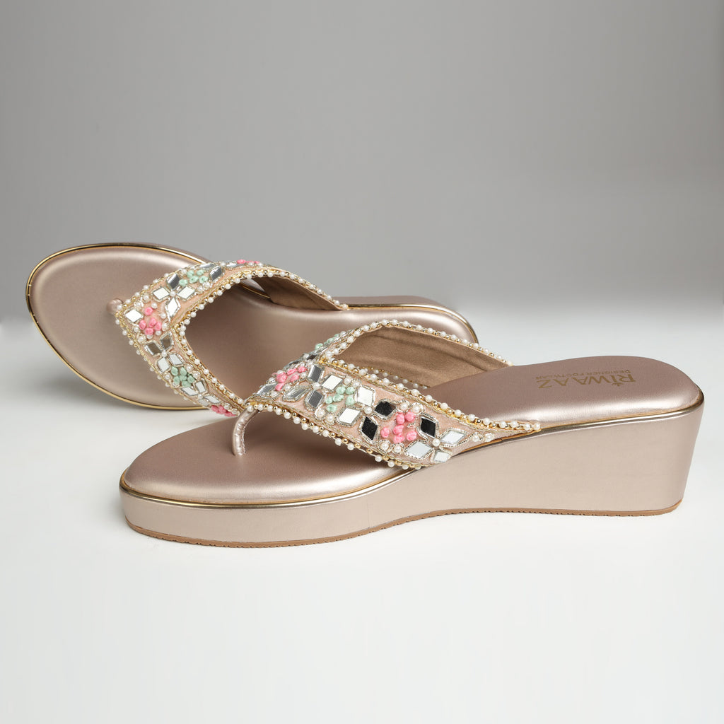 Riwaaz Designer Footwear Pastel Bloom collection – dull rose gold mirror work wedge platforms with pastel floral embroidery
