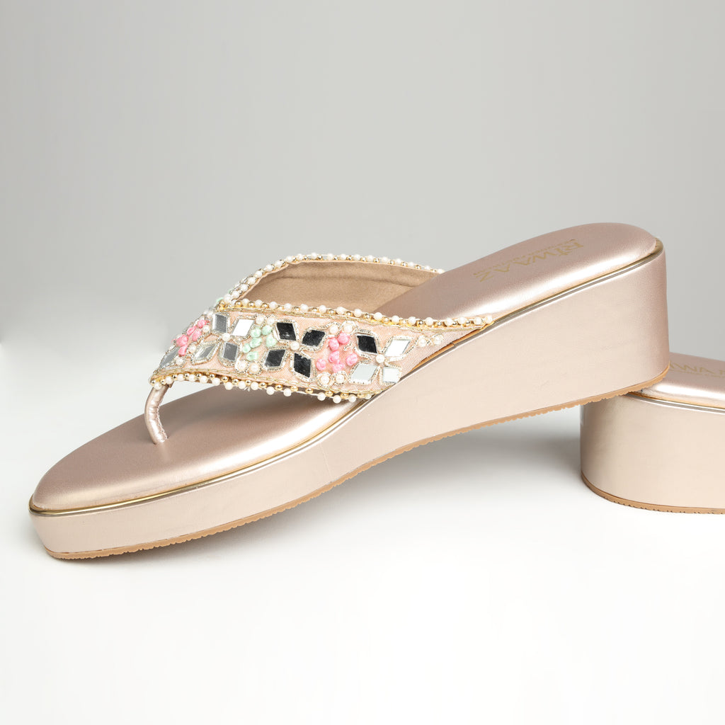 Riwaaz Pastel Bloom dull rose gold mirror work wedge flip flops with pastel floral embroidery and pearl border detailing