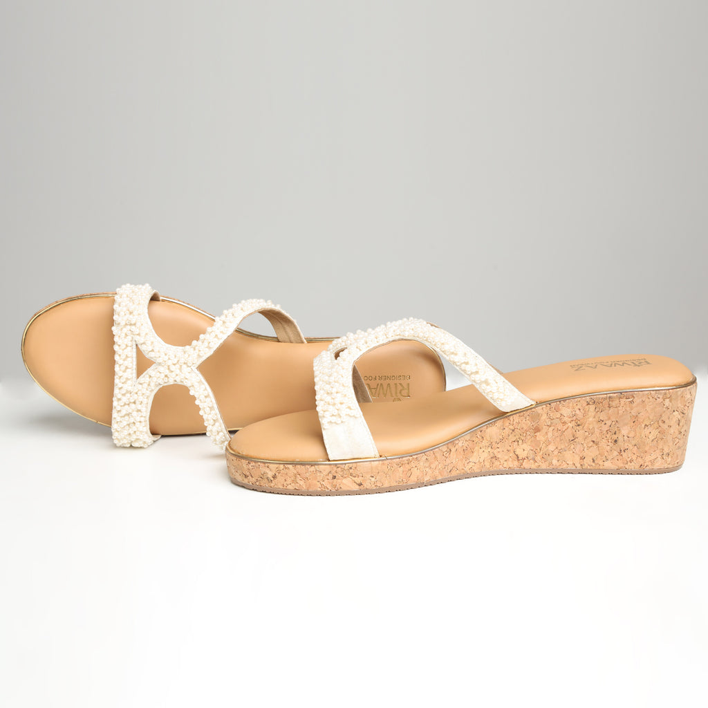 Riwaaz Designer Footwear Pearl Royale collection – dark beige pearl embellished cork wedge sandals