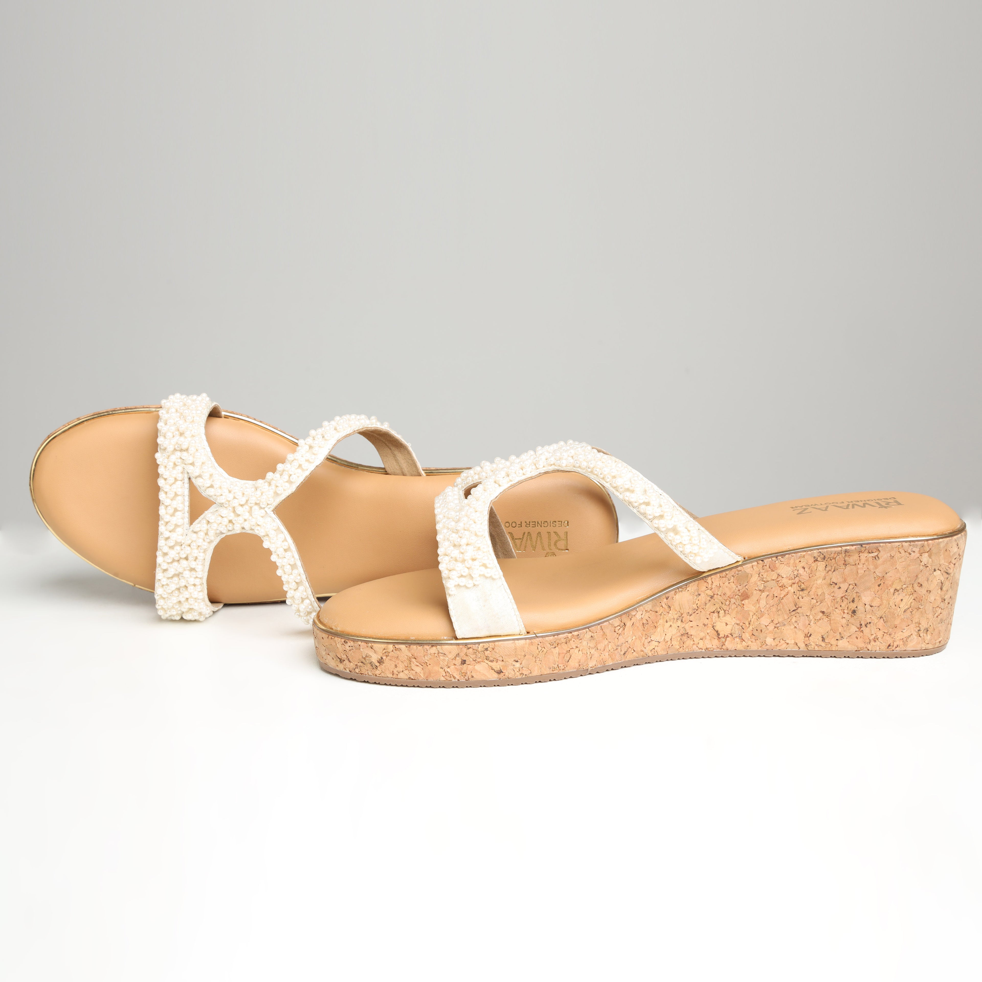 Riwaaz Designer Footwear Pearl Royale collection – dark beige pearl embellished cork wedge sandals