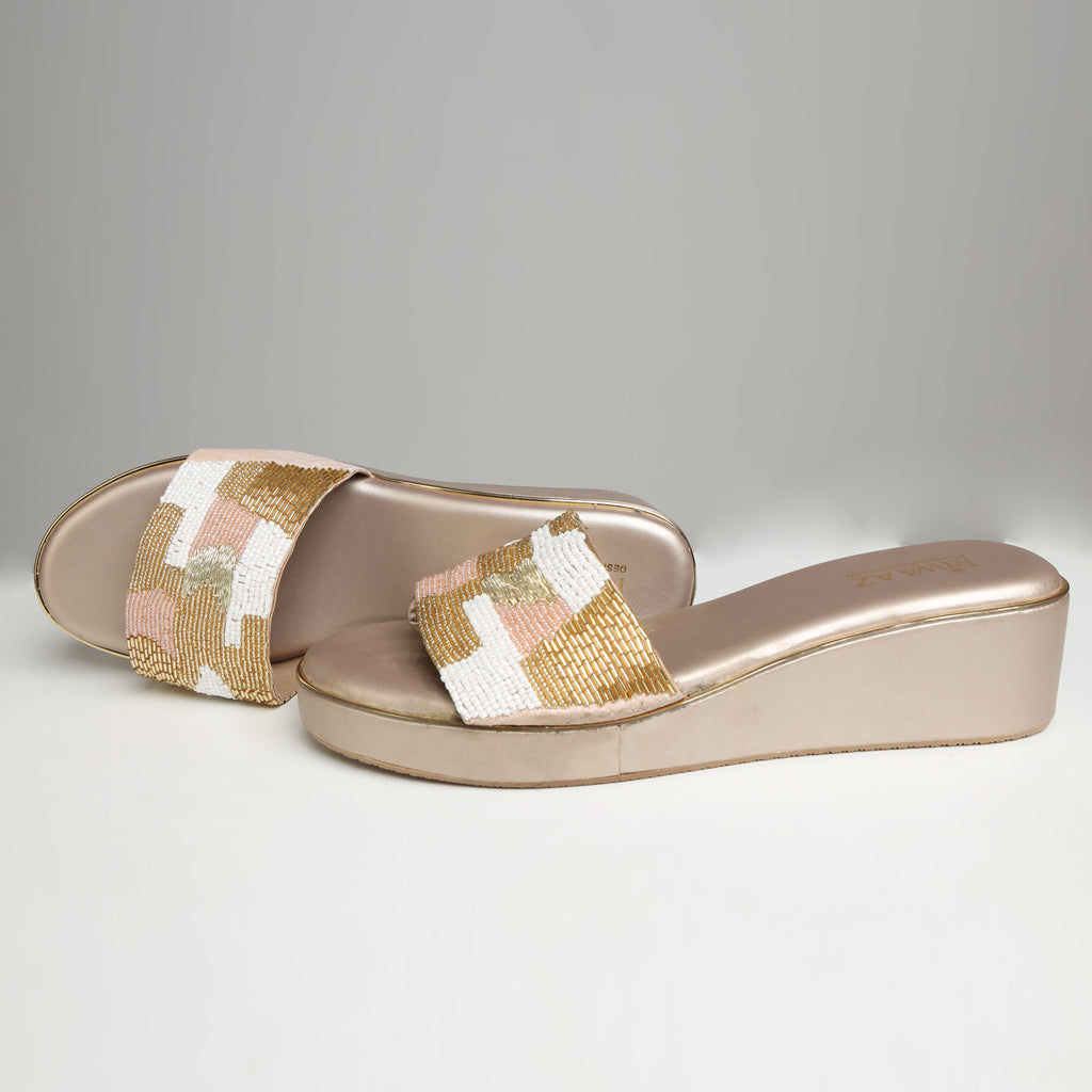 Riwaaz Gulnaar dull gold bead embroidered wedge slides – front view showing wide embroidered strap and open toe design