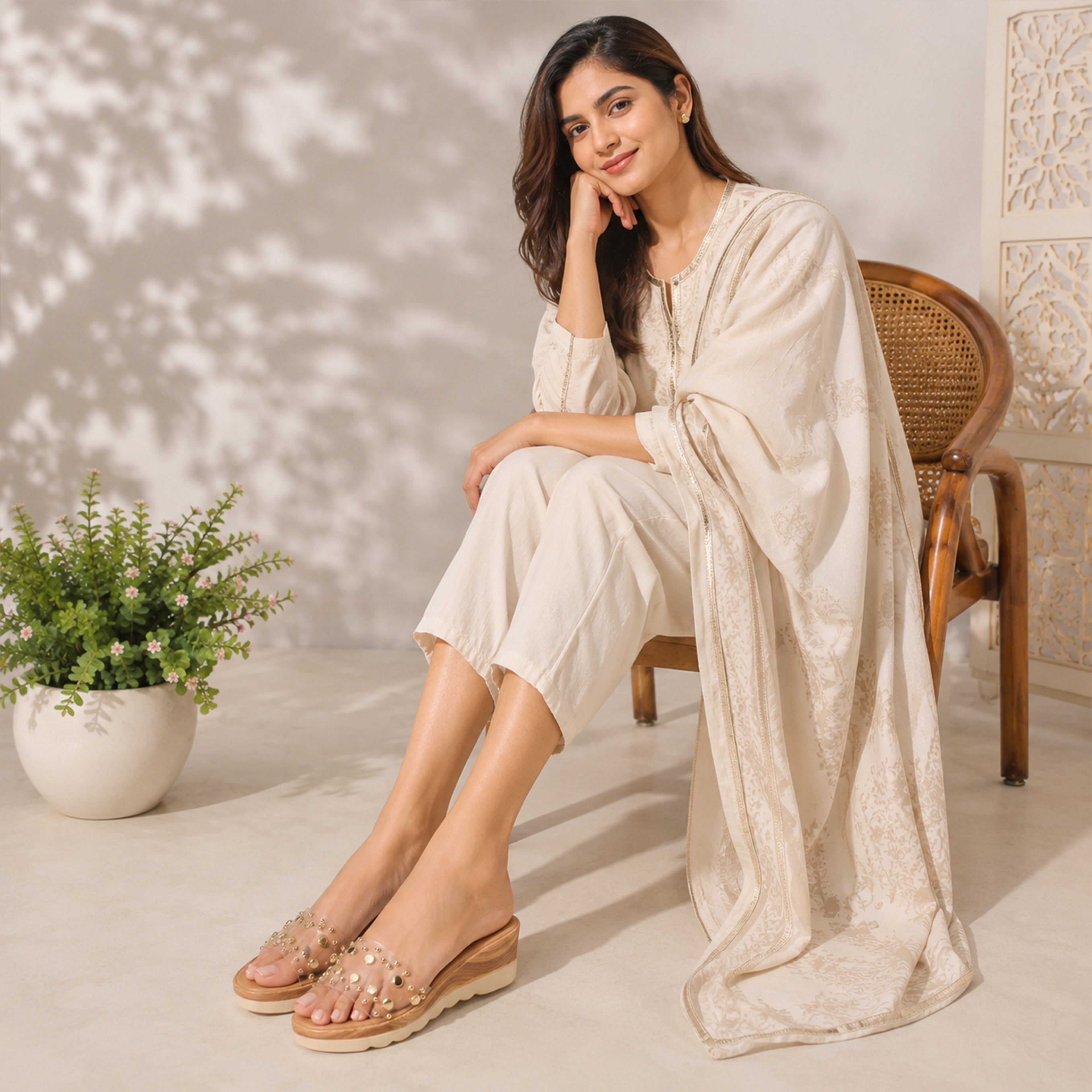 Pair of Riwaaz Nora dark beige clear strap gold stud wedge slides showing wood-effect platform sole and beige insole – bottom angle view
