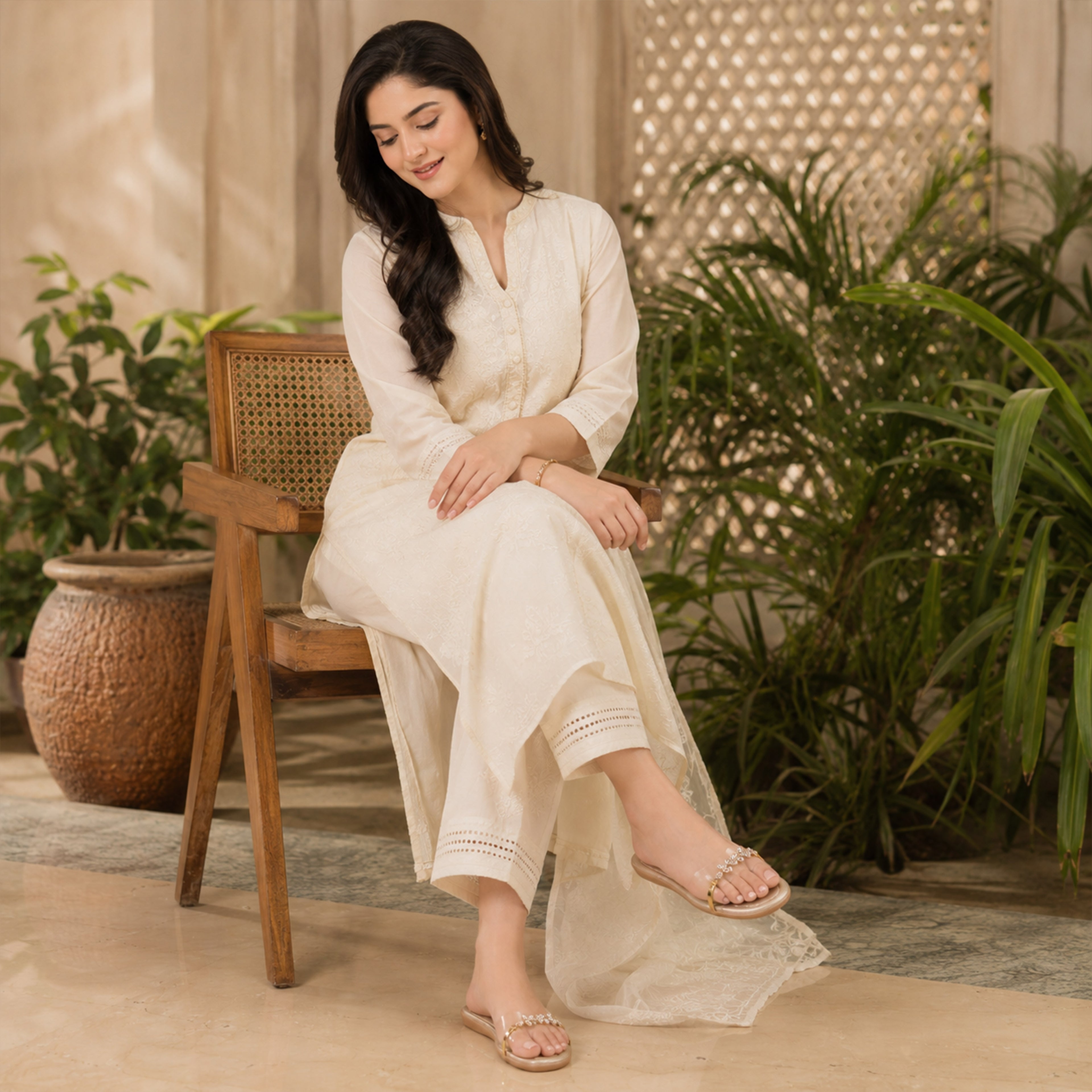 Pair of Riwaaz Ira dull gold crystal transparent strap flats on grey background – side angle showing flat rubber sole and toe-post silhouette