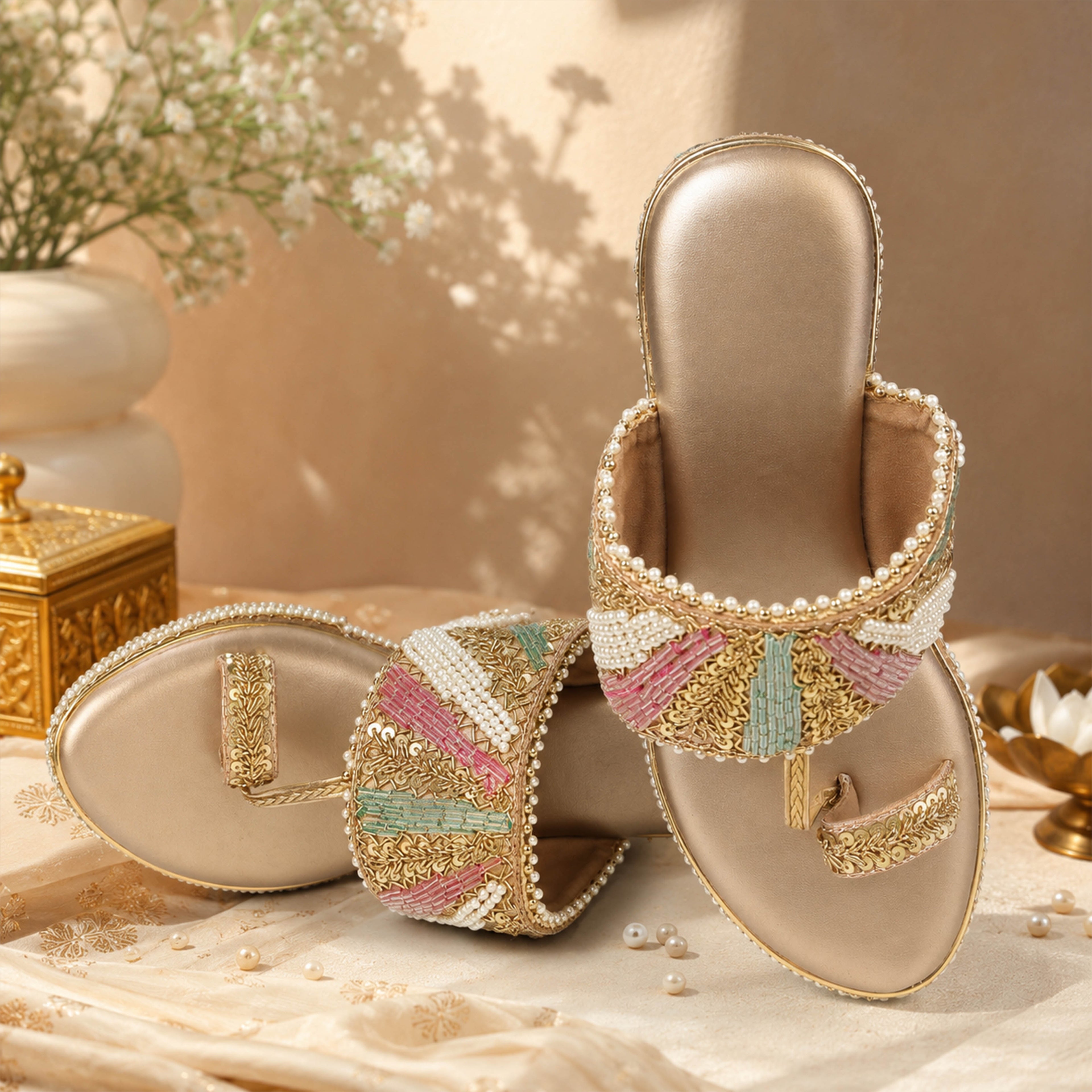 Model seated in peach sequin embroidered salwar suit wearing Riwaaz Meher dull rose gold bridal block heel sandals – full lifestyle shot in warm Indian interior with brass diya, rose petals and rattan chair