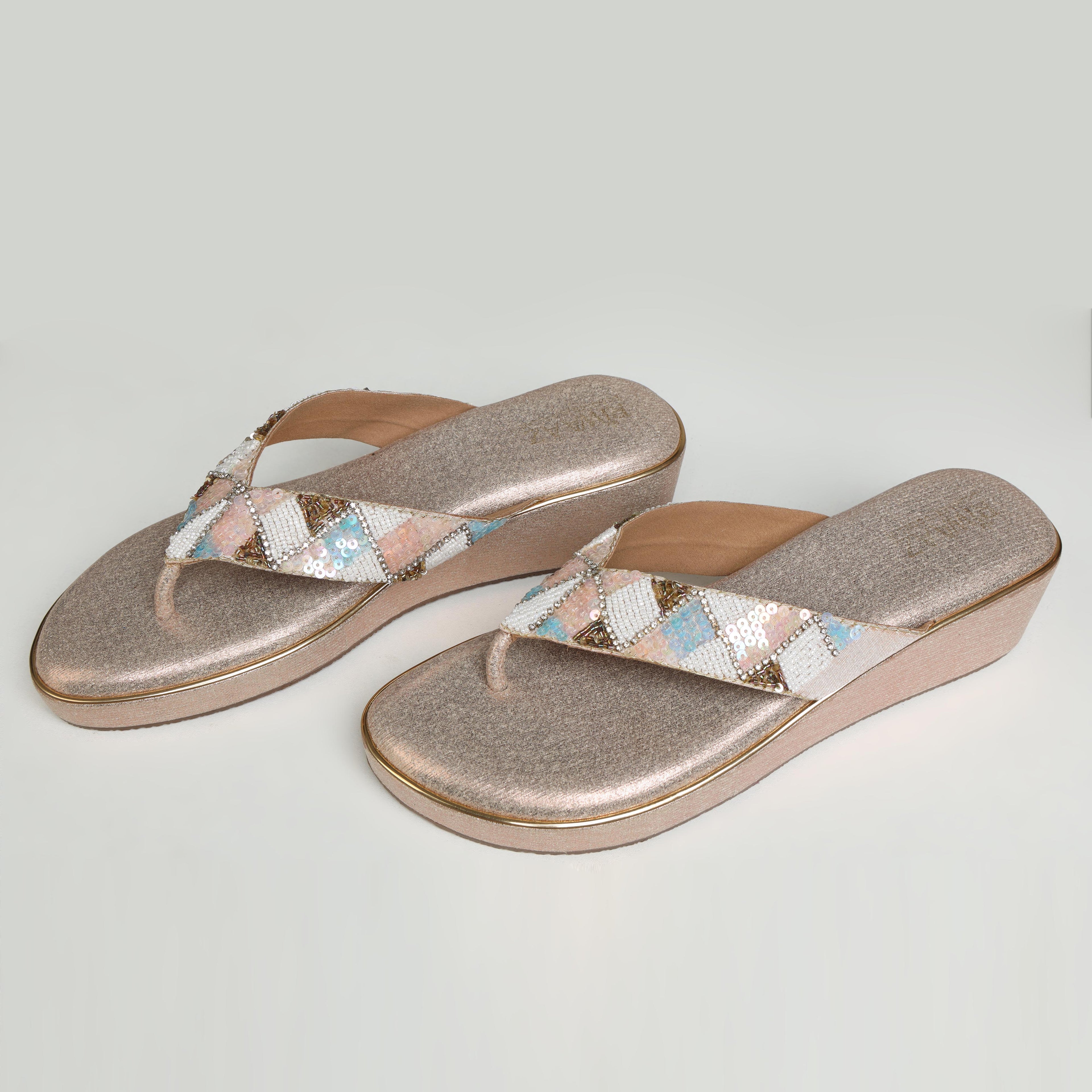Single Riwaaz Afreen dull rose gold pastel geometric beaded thong wedge platform – side profile on white background showing wedge height, gold trim and intricate pastel diamond beadwork strap detail