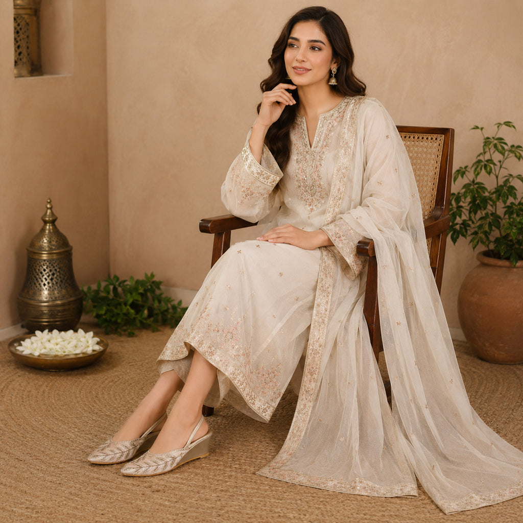 Pair of Riwaaz Zehra dull gold sequin leaf embroidered slingback wedge mules on white background – three-quarter view showing double satin back strap, gold wedge heel and embroidered toe box
