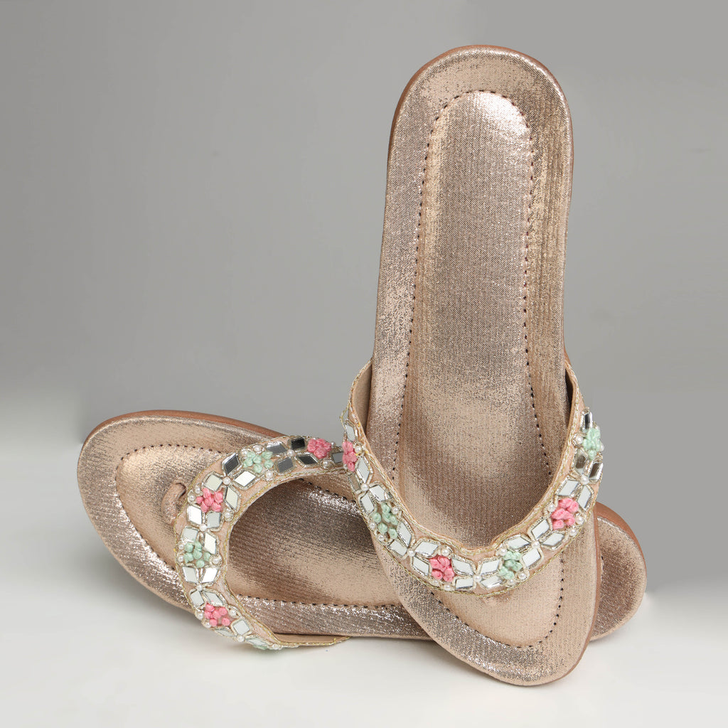 Single Riwaaz Misha dull rose gold mirror work flip flop – top view showing full mirror work strap with pink and mint French knot flower clusters