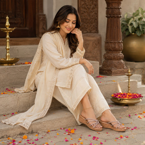 Pair of Riwaaz Zarina Glow dark beige crystal crossover cork wedge platforms – lifestyle product shot on gold marble tray with gypsophila flowers and silk fabric showing rhinestone crossover straps and gold trim
