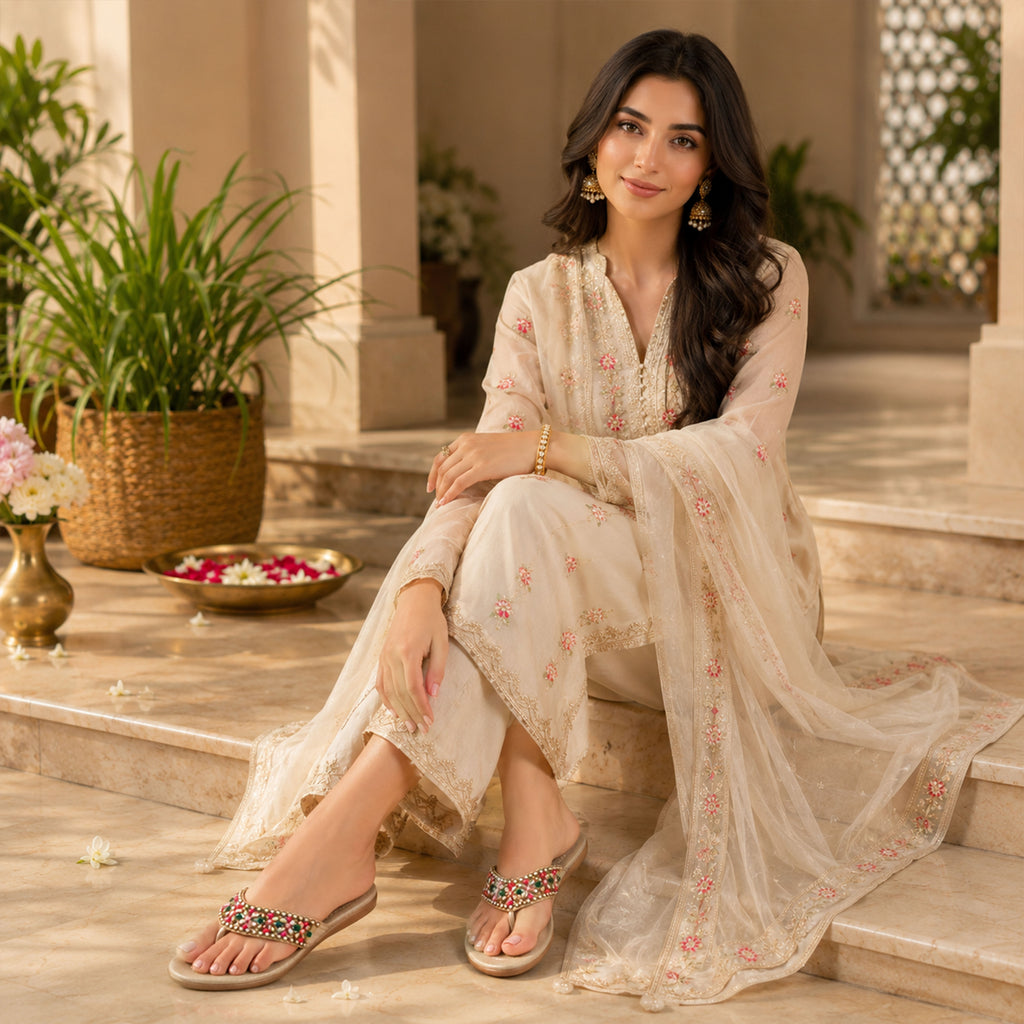 Gulnaar Glow Woollen Floral & Kundan Pearl Embroidered Festive Sandals – Riwaaz